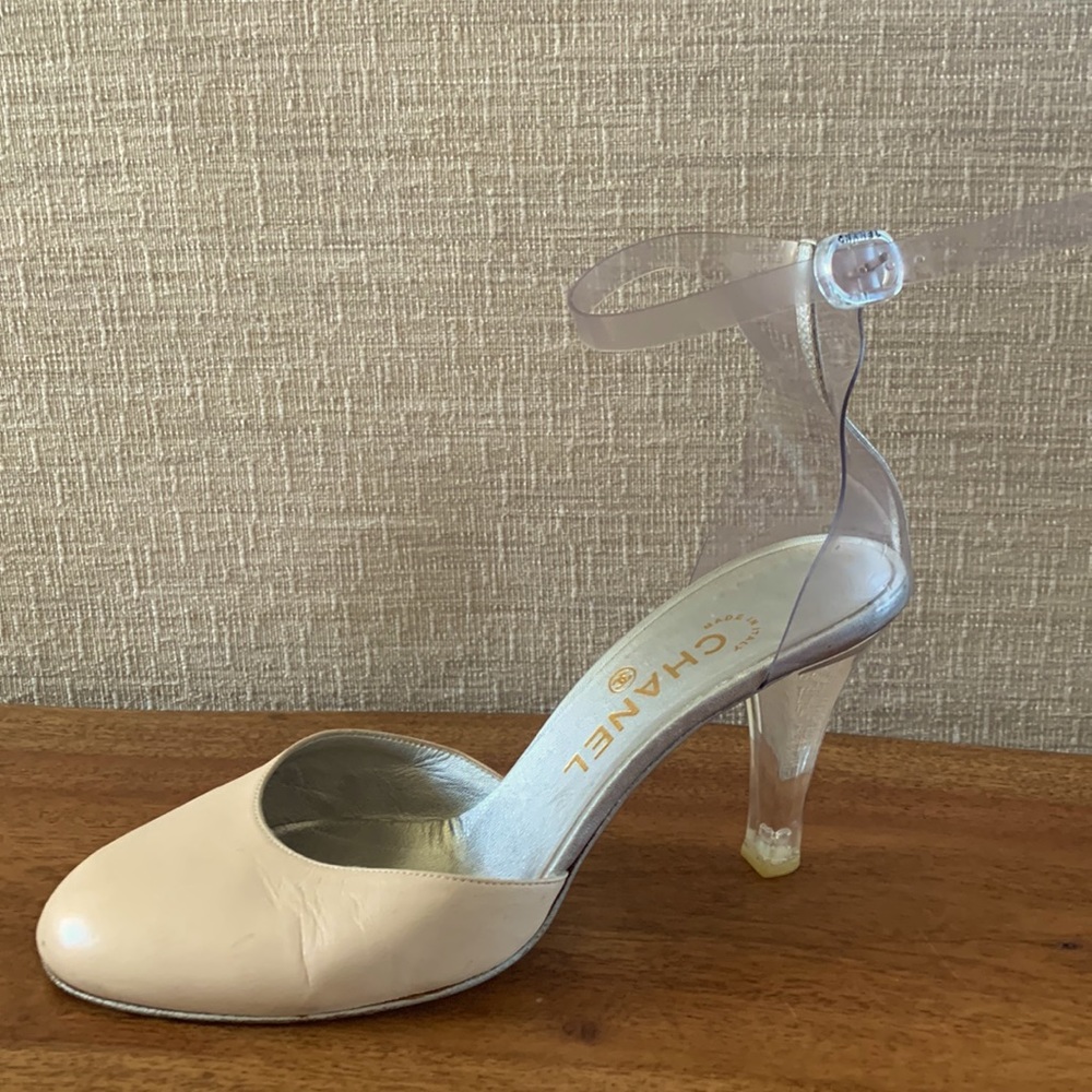 Vintage Chanel, Ballet pink and Lucite sandals with silver leather detail